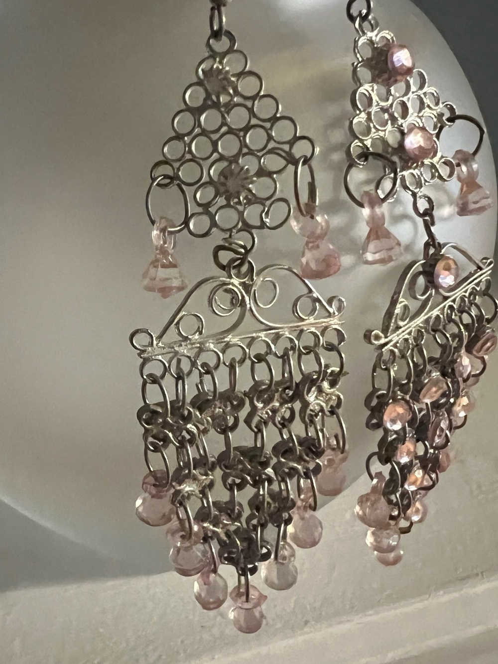 Handmade Silver Chandelier Earrings with Pink Beads